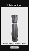Load and play video in Gallery viewer, Large Grey Ceramic Floor Standing Vase With Stripe 60cm Home Decor