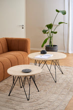 Load image into Gallery viewer, Prunus Luxury Round Coffee Table In Beige Travertine With Black Steel Legs 80cm