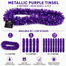 Load image into Gallery viewer, Purple metallic tinsel garland shown on a white background with text indicating it is 2 metres long, 10 cm wide, and 6 ply. The image shows the garland draped across the top, a small Homstreet packaging tag, and three pack size options: 1x2 metres, 5x2 metres, and 10x2 metres, with icons below for use on Christmas trees, fireplaces/mantels, staircases/shelves, and parties/events.