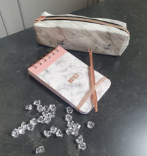 Load image into Gallery viewer, Marble print and Rose Gold Stationery Set, Pencil Case, Notepad and Slim Rollerball Pen