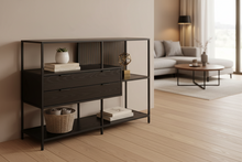 Load image into Gallery viewer, Seaford Bookcase Unit With 2 Drawers, 3 Black Shelves And Metal Frame 114x35x78 cm