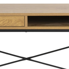 Load image into Gallery viewer, Wooden console table with black metal legs on a white background