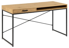 Load image into Gallery viewer, Wooden desk with black metal frame on a white background