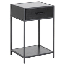 Load image into Gallery viewer, A modern two-tier side table with a dark gray wood-grain finish and a single drawer with a black handle, shown on a plain white background.