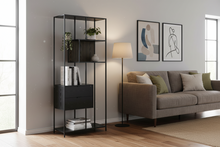 Load image into Gallery viewer, Seaford Bookcase Tall Shelving 2 Drawer Unit With 4 Shelves In Black 185x77x35cm