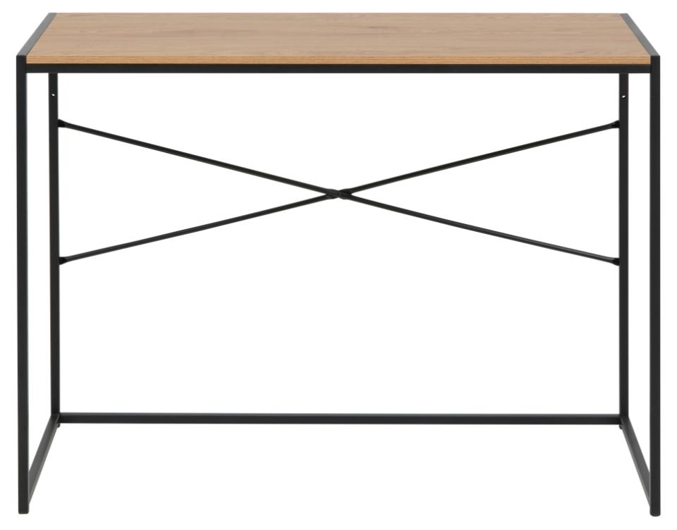 A modern console table with a light oak wood top and a black metal frame featuring an X-brace support structure.