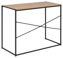 Load image into Gallery viewer, Small table with wooden top and black metal frame on a white background