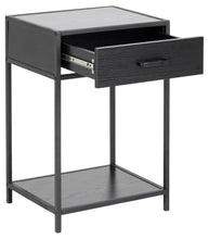 Load image into Gallery viewer, Black side table with a drawer on a white background