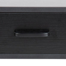 Load image into Gallery viewer, Close-up of a dark wood drawer front with a black horizontal pull handle and a light wood top edge visible above.