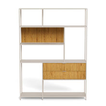 Load image into Gallery viewer, Bookshelf with wooden shelves and drawers on a white background