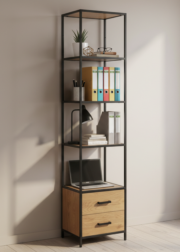 Seaford Tall Bookcase Shelving Unit With 3 Shelves 2 Drawers In Oak 42x35x185 cm