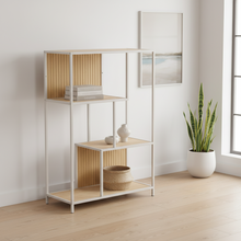 Load image into Gallery viewer, Seaford Stylish 2 Panel Bookcase Shelf Unit In Grey With Brown Wood Shelves And Metal Frame 114x35x78 cm