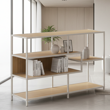 Load image into Gallery viewer, Seaford Stylish Panel Bookcase Shelf Unit In Grey With Brown Wood Shelves And Metal Frame 114x35x78 cm