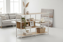Load image into Gallery viewer, Seaford Stylish Panel Bookcase Shelf Unit In Grey With Brown Wood Shelves And Metal Frame 114x35x78 cm