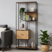 Load image into Gallery viewer, Seaford Bookcase Tall Shelving 2 Drawer Unit With 4 Shelves Brown Oak 185x77x35xcm