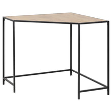 Load image into Gallery viewer, A Seaford Angolo corner office desk with a matt wild oak rough melamine top and a matt black rough powder coated steel base.