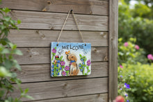 Load image into Gallery viewer, Decorative welcome sign with a dog and flowers on a white background