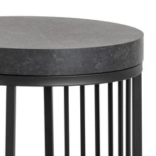 Load image into Gallery viewer, Round side table with dark gray concrete top and black metal legs on a white background