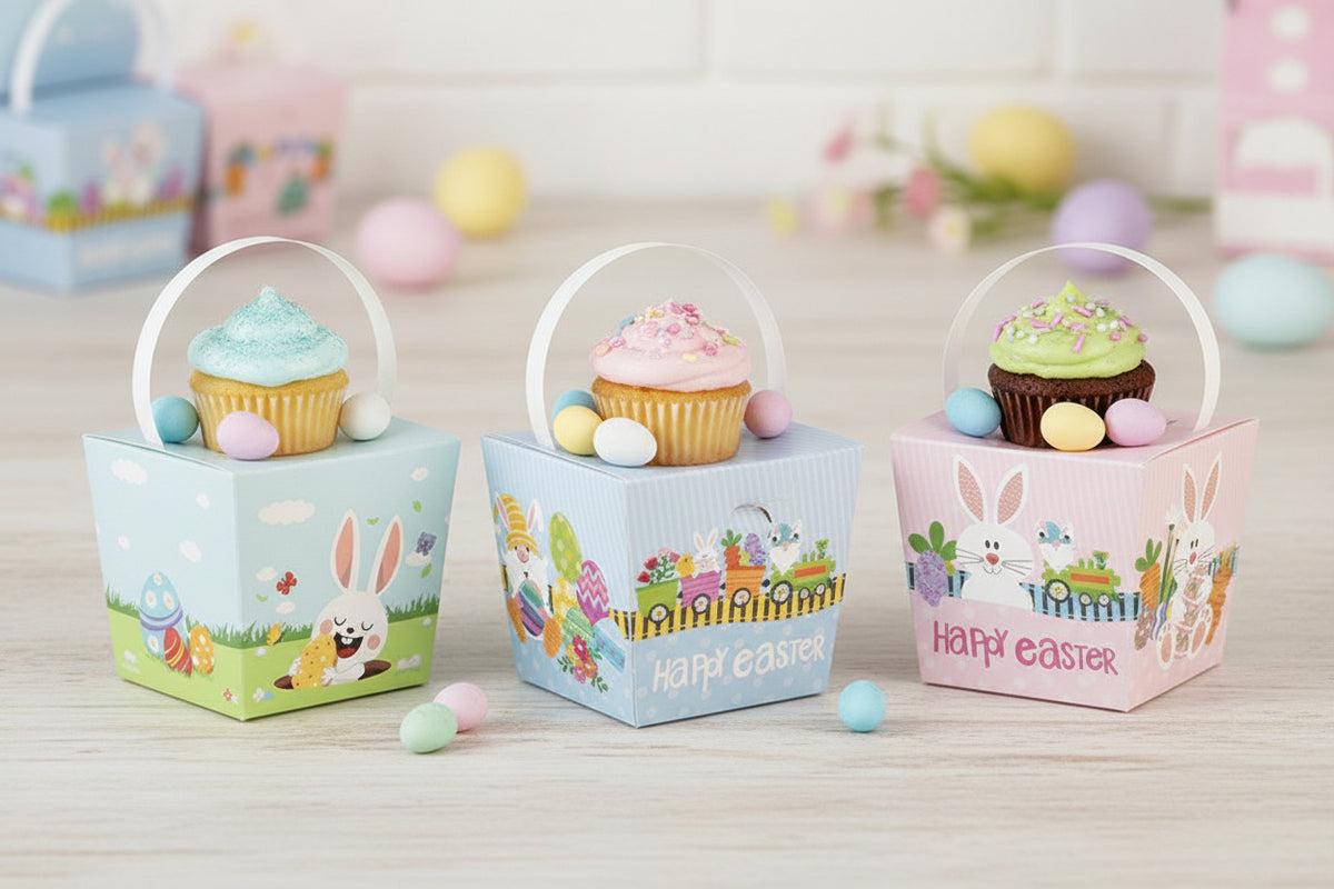 Mini Easter Treat Boxes, 8 Foldable Boxes with Transparent Handles, 6cm x 6cm x 6cm, Happy Easter Design
