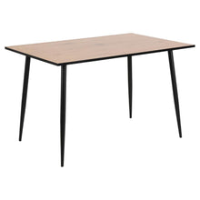 Load image into Gallery viewer, A rectangular table with a light natural wood grain tabletop and four tapered black metal legs, shown against a plain white background.
