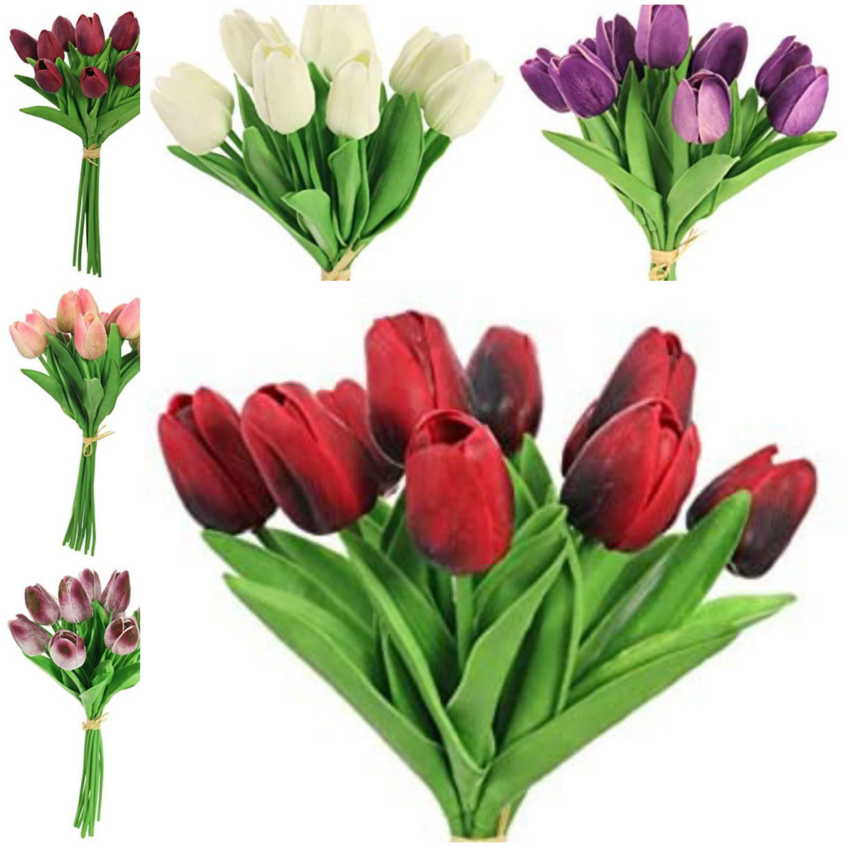 Bunch Of Tulips, 10 Stems Of Real Touch Artificial Hand Tied In A Bouquet With Raffia, Choose From 5 Colours