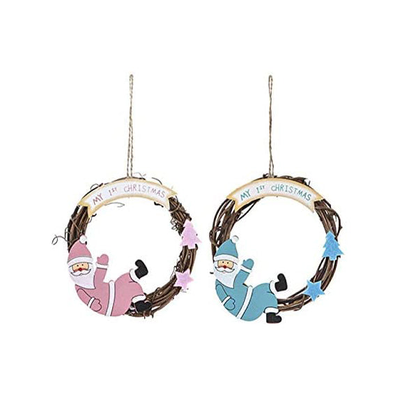 Cute My 1st Christmas Rattan Mini Wreath 12cm in Pink or Blue Hanging Christmas Tree Decoration