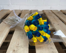 Load image into Gallery viewer, Bouquet Of 24 Mixed Blue and Yellow Wooden Roses - Sunny Skies