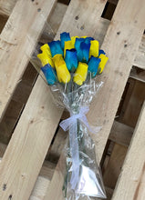 Load image into Gallery viewer, Bouquet Of 24 Mixed Blue and Yellow Wooden Roses - Sunny Skies