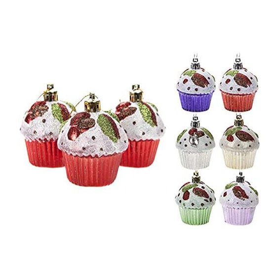 Pack of 3 Cupcake Hanging Decorations, Glittery Baubles in Many Colours Christmas Tree Ornaments