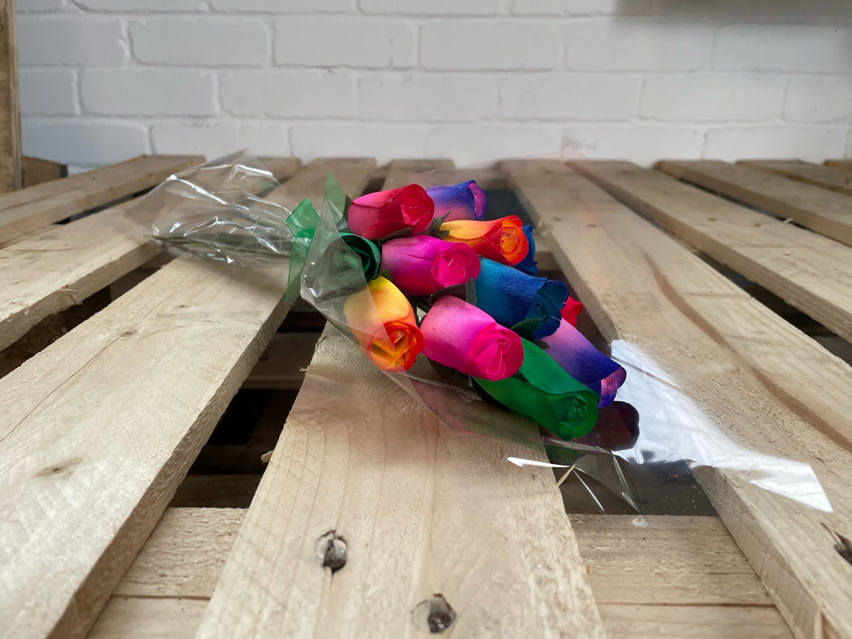 Bouquet of 12 Mixed Colours Two Tone Wooden Roses - Rainbow Ombre