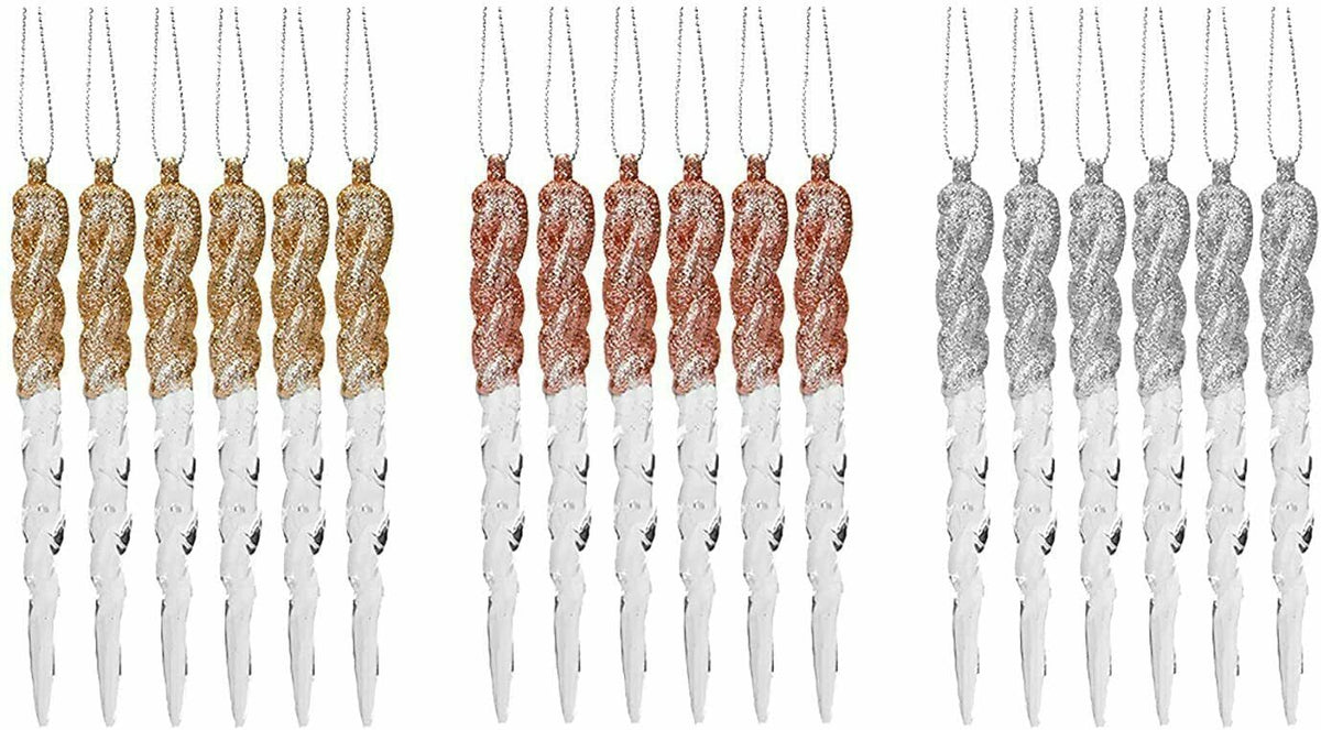 Glittery Icicle Decoration Set of 6 Hanging Clear Christmas Tree Décor in Rose Gold, Pale Gold, or Silver