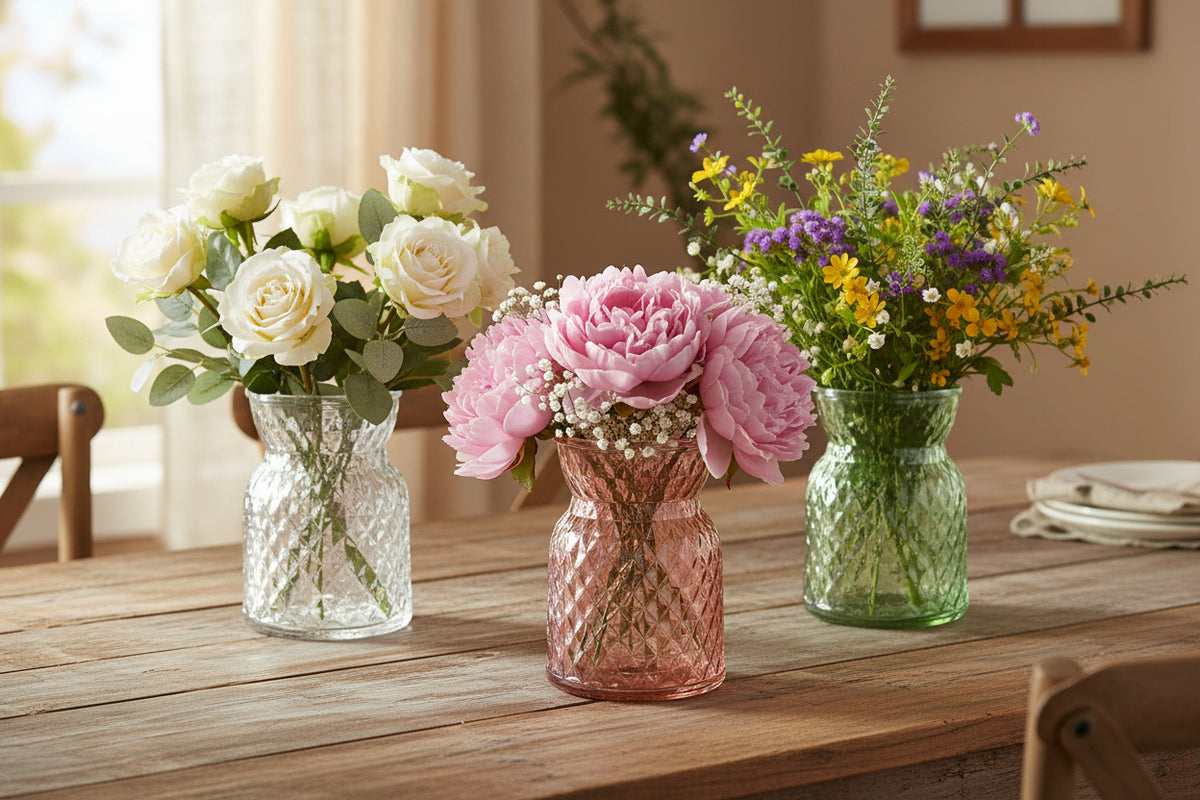 Small Modern Shaped Vase Lattice Texture Glass Vase 13cm x 9cm, Pastel Pink, Green, or Clear