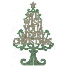 Load image into Gallery viewer, Tabletop Christmas Glitter Tree Decoration with Message 25cm Tall Decorative Xmas Tree Sign in Silver, Gold, or Red