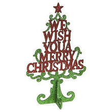 Load image into Gallery viewer, Tabletop Christmas Glitter Tree Decoration with Message 25cm Tall Decorative Xmas Tree Sign in Silver, Gold, or Red