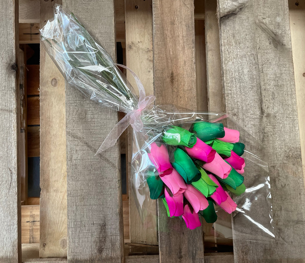 Bouquet Of 24 Mixed Green and Pink Wooden Roses - Tropical