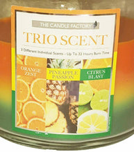 Load image into Gallery viewer, Trio Scent 15oz Layered Jar Candle in 3 Fragrances - Zesty Citrus, Berry Desserts, or Coastal Calm