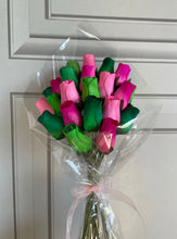 Load image into Gallery viewer, Bouquet Of 24 Mixed Green and Pink Wooden Roses - Tropical