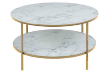 Load image into Gallery viewer, Alisma Designer White Glass Marble Coffee Table With Shelf And Gold Metal Frame 80cm