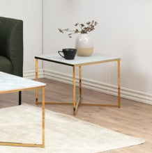Load image into Gallery viewer, Alisma Square Side Table With A White Marble Look Top And Gold Base 50cm