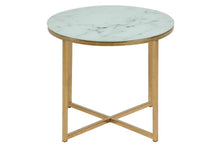 Load image into Gallery viewer, Alisma Round Side Table In White Glass Marble With Gold Metal Base 50cm