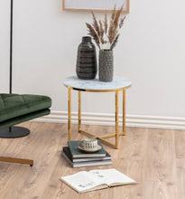 Load image into Gallery viewer, Alisma Round Side Table In White Glass Marble With Gold Metal Base 50cm