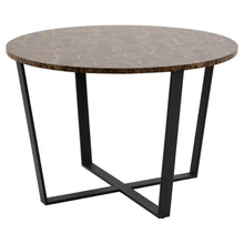 Load image into Gallery viewer, Amble Stylish Round Dining Table In Brown 110cm Melamine Marble Print Top And Powder Coated Black Metal Solid Base