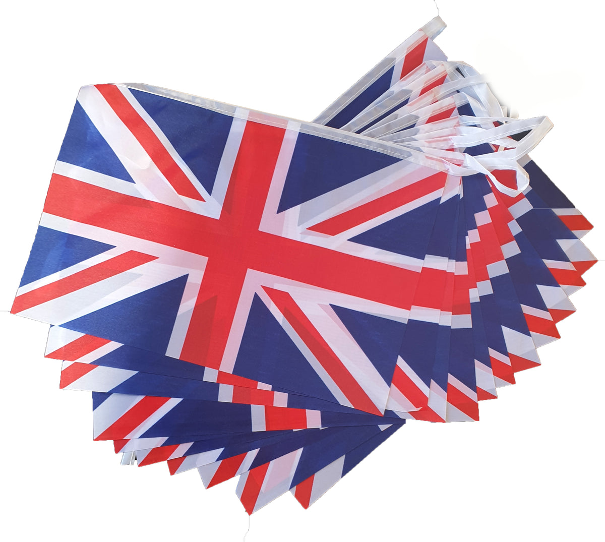Union Jack Bunting 12ft Long -12 x Rayon Flags - 12" by 8"on String
