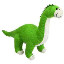 Load image into Gallery viewer, Smiling Knitted Dinosaur Soft Toy In Baby Blue or Green 30cm Plush Cute Brontosaurus Shape Dino with Embroidered Face