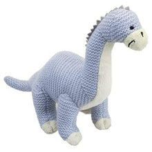 Load image into Gallery viewer, Smiling Knitted Dinosaur Soft Toy In Baby Blue or Green 30cm Plush Cute Brontosaurus Shape Dino with Embroidered Face