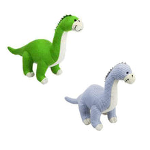 Load image into Gallery viewer, Smiling Knitted Dinosaur Soft Toy In Baby Blue or Green 30cm Plush Cute Brontosaurus Shape Dino with Embroidered Face