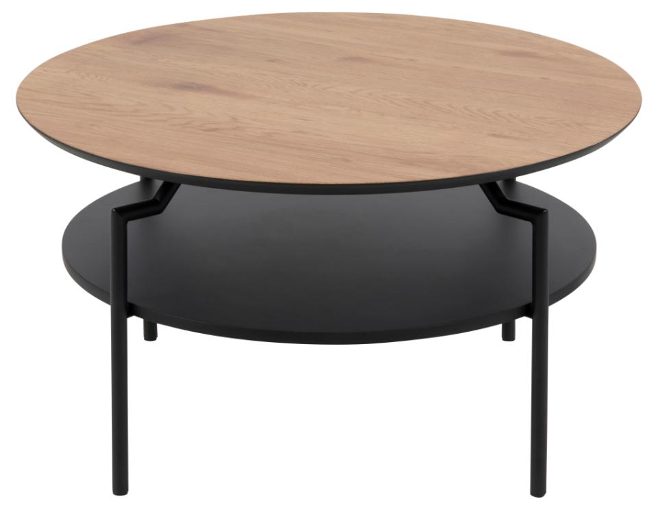 Goldington Coffee Table Round With Oak Top, Black Shelf And Metal Base 80cm