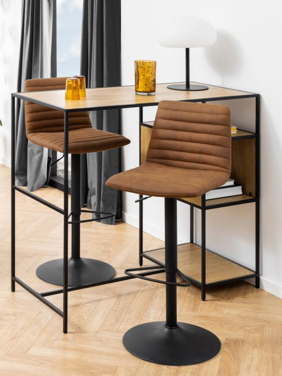 Kimmy Designer Bar Stools, Set Of 2 Brown Fabric Barstools, Adjustable Black Metal Base
