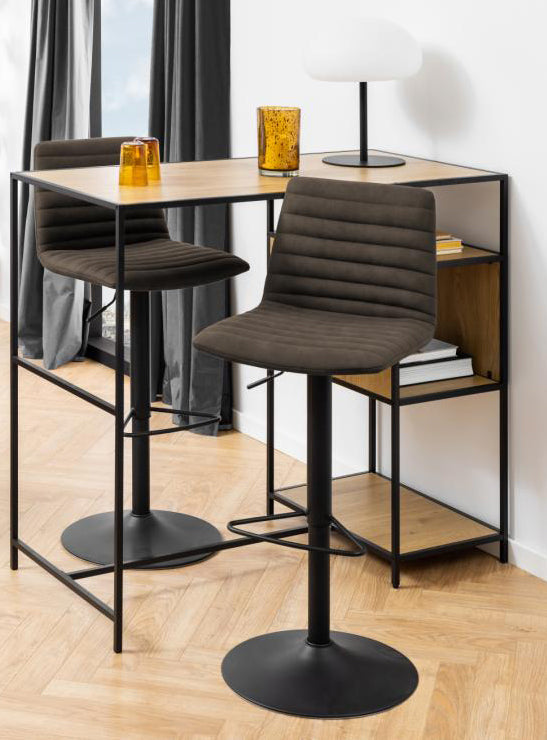 Kimmy Designer Bar Stools, Set Of 2 With Grey Fabric And Adjustable Black Metal Base