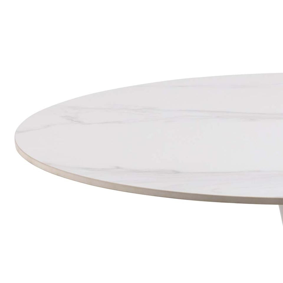 Malta Round White Ceramic Designer Dining Table With Solid Curve Metal Base 90x75cm